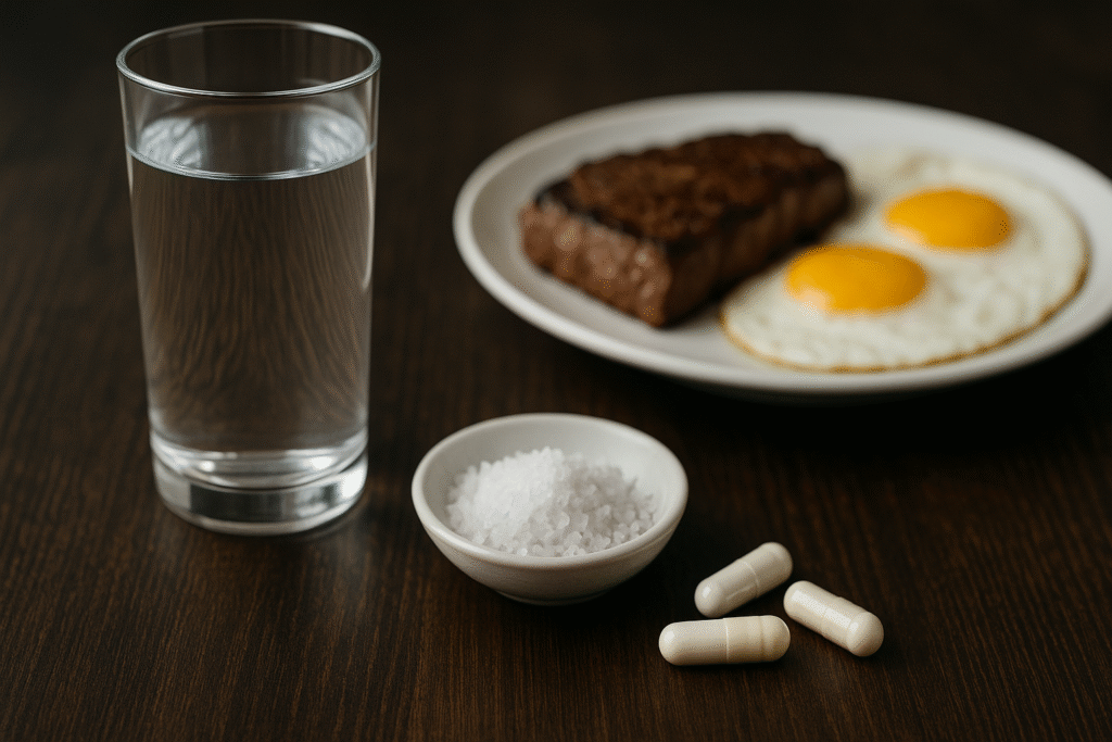 Glass of water, salt, and magnesium supplements showing electrolytes on the carnivore diet.