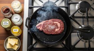Cast-iron pan with beef tallow, lard, ghee, and butter—top carnivore diet cooking fats.