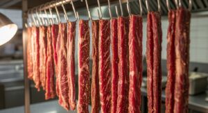 Beef strips hanging to dry for homemade biltong.